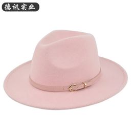 Cross-Border Fedora Pink Belt Woolen Cowboy Retro Wool-Like Felt Hat Flat Eave Caps 240111