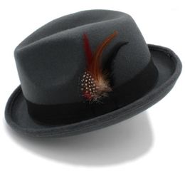 Stingy Brim Hats Women Men039s Feminino Felt Fedora Hat For Lady Winter Autumn Wool Roll Up Homburg Jazz Feather13911525