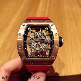 Watches Luxury Richardmill Brand Fashion Red Carbon Fibre Mens Fully Automatic Mechanical Hollow Out Personality Tape Light Waterproof Glow