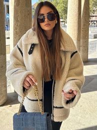 ZBZA Womens Faux Fur Biker Jacket Autumn Winter Long Sleeve Lapel Collar Zip Pockets Thicken Coat Female Warm Outerwear 240112