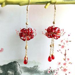 Dangle Earrings 1 Pair Handwork Red Lycoris Radiata Flower Jewellery Hanfu Jewelry Ancient Style Cheongsam Ear Hooks Women Girl Gift