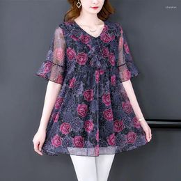 Women's Blouses Summer Fashion Printing Net Yarn V-neck Short Sleeve Blouse Women Clothing Korean Floral Shirts Ladies Oversized Tops