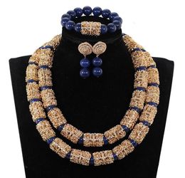 Splendid Navy Blue Nigerian Beaded Women Costume Jewellery Sets Dubai Gold Chunky Statement Necklace Set 2019 WE240 CJ1911286763390