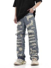 Men's Jeans 2023 American style high street washed Personalised torn hole cut straight tube loose fitting jeans versatile for men and womenephemeralew