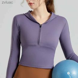 Yoga Outfit Yoga Outfit Lycra Gym Top Women Long Sleeve Pilates Tops 2024 New Yoga Wear Hood Sports Top Woman T-shirt for Fitness Clothes Purple Brown YQ240115