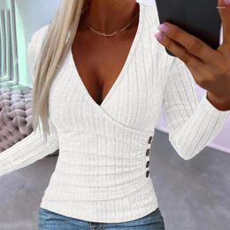 Women's Blouses Black Pink Colour Autumn Ribbed V Neck Wrap Tops Elegant Ladies Slim Long Sleeve Pullover Jumper T-Shirt Clothing 2024