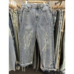 Real Pics Blue Jeans Men Vintage Waist Denim Cotton Casual Wide-Leg Long Pants Straight Baggy Trousers