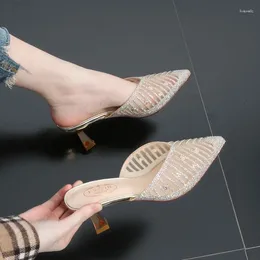 Slippers 2024 Mesh Women Summer Shoes Fashion Pointed Slides Spike Heels Beige Mules High 42