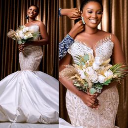 Luxury Mermaid Wedding Dress for Bride Plus Size Sheer Neck Satin Appliqued Rehinestones Tiered Tulle Lace Wedding Gowns for Marriage for Nigeria Black Women NW013