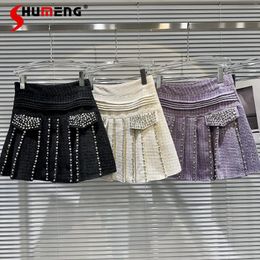 Skirts 2024 Fall Winter Heavy Industry Particle Diamond Beaded Tweed Pleated Skirt Women's Chic White Black Purple