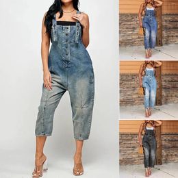 Women's Shorts Multi Pocket Washed Denim Backpack Casual Pants Overall Women Wrap Jumpsuit Long Sleeves