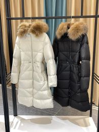 Designer winter coat for woman puffer coat Black and white casual simple all-in-one waist white duck down long fox hair bright face down jacket winter 2024 new z6