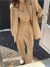 Women's Two Piece Pants Lnsozkdg Spring Autumn Women Sets Stylish Solid Pant Vintage 3PCS Blazer With Chest Cushion Sling Slim Trouser Work