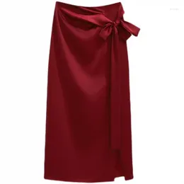 Skirts Spring Summer 2024 Midi England Office Lady Satin High Waist Simple Elegant Long Bifurcation Skirt Women