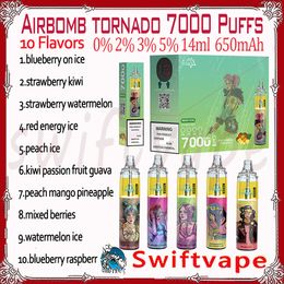 Airbomb Tornado 7000 Puff Disposable E Cigarette 10 Flavours 0% 2% 3% 5% 14ml Pod Rechargeable Battery 650mAh 7K Puffs Vape Pen Kit Fast Delivery Wholesale