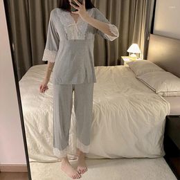 Women's Sleepwear Pyjamas Set Long Sleeve Tops Trouser 2 Pieces Loose Lounge Sets Ladies Pyjama Pants Sexy Lace V Neck Homewear