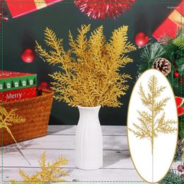 Decorative Flowers 5pcs Artificial Plants Pine Branches Glitter Gold Silver Colour Leaves Christmas Tree Decoration Year 2024 Navidad Home