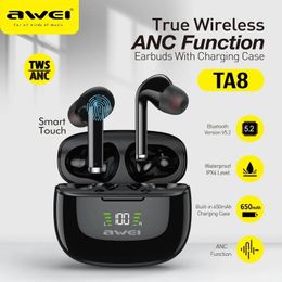 Earphones Awei TA8 ANC Fone Bluetooth Earphones Wireless Headphones LED Display TWS Headset Gamer Noise Reduction Earbuds with Dual Mic