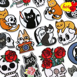 Punk Cats Embroidered Patches for Clothing Iron on Cute Rose Skull Anime Designer Sew Jacket Mochila Jeans Hat Stripes Fabrics a