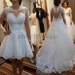 Romantic White Wedding Dress With Detachable Train 2 In 1 Illusion Long Sleeve A Line Rustic Country Bridal Dress With Beaded Elegant Lace Tulle Robe De Mariage 2024