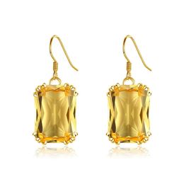 18K Gold Colour Citrine Drop Earrings Genuine 925 Sterling Silver Hanging For Women Vintage Female Jewellery Trending 240112