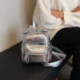 School Bags Silver Backpack For Women Y2K Shoulders Fashion Knapsack Student Packbag Kawaii Rucksack PU Leather Mochila Korean Bookbag