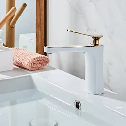 Bathroom Sink Faucets Basin White And Gold Brass Water Faucet Single Hole Cold Tap Mixer Torneira