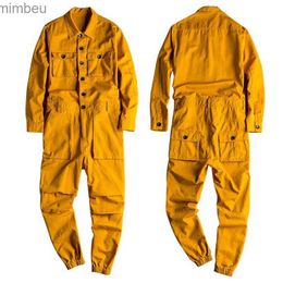 Men's Jeans Spring Overalls Men's Jumpsuit Loose Long Sleeve Cotton Cargo Pants Black Yellow Workwear Trousers Working Uniform RompersL240111