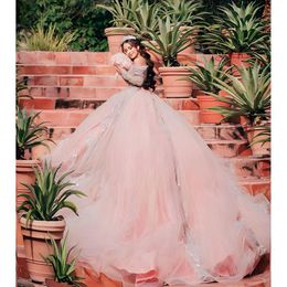 Shiny Pink Quinceanera Dress For Sweet 16 Girls Beads Sequined Off The Shoulder Sweep Train Ball Gown Vestido De 15 Custom Made