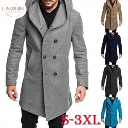 Autumn Winter Mens Long Trench Coat Fashion Boutique Wool Coats Brand Male Slim Woollen Windbreaker Jacket S-3XL 240111