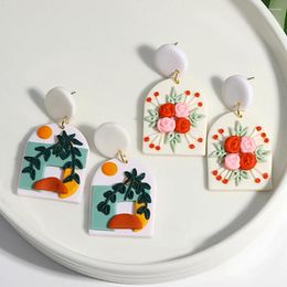 Dangle Earrings AENSOA Handmade Flower Plant Illustration Pattern Polymer Clay For Women Colourful Flora Arched Drop Jewellery