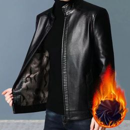 Men Coat with Pockets Windproof Mid-aged Men's Faux Leather Jacket with Plush Heat Retention Stand Collar Zipper Closure 240112