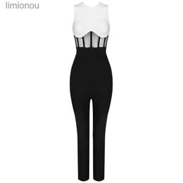 Women's Jumpsuits Rompers Insert Mesh Black and White Bodycon Bandage Jumpsuit For Women's Party Jumpsuit Elegant Sexy Birthday Evening Club OutfitsL240112