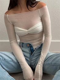 Women's T Shirts Mesh Sheer Off-Shoulder Top Shirt For Women Long Sleeve See-Through Lace Knit Pullover Tops Summer Tee