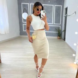 Work Dresses Zoctuo Women's Clubbing Outfits Fashion Knitted Round Neck Tank Top 2 Piece Sets 2024 High Waist Hem Split Skirt Office Lady