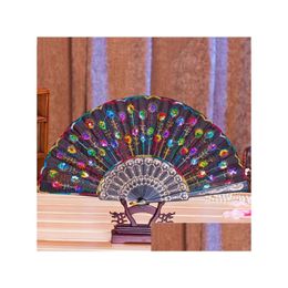 Party Favour Chinese Classical Dance Folding Fan Elegant Colorf Embroidered Flower Peacock Pattern Sequins Female Plastic Handheld Fa Dhnn1