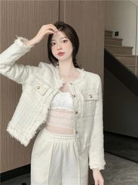 Korean Fashion Outwear Chic Vintage Tweed Womens Jacket Coat Autumn Single Breasted Plaid Tassel Office Woman Clothing 240112