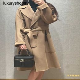 Maxmaras Womens Cashmere Coats Wrap Coat Camel Hair Wool 23fw New Rovo Double Sided Solid Color Lace Up Long Polo Neck Woolen for Women 0Y9H