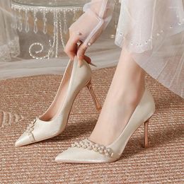 Dress Shoes Size 30-44 Pearls Rhinestone Thin High Heels Women Satin Sardine Point Toe Stiletto Heel