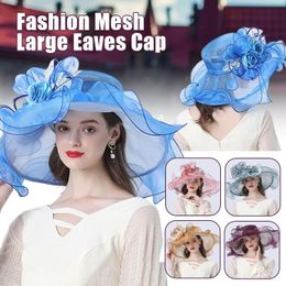 Women Summer Hat Wide Brim Organza Beach Flower Lady Church Hats Elegant Sun Bridal Floral Tea Party Cap 240111