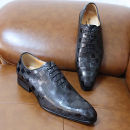 Dress Shoes Luxury Genuine Leather Business Men Cowhide Handmade Brick Embossed Oxford Pointed Spring Autumn