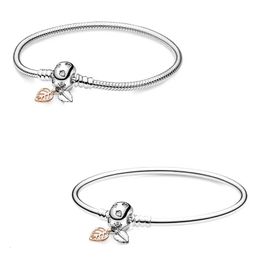 925 Sterling Silver Moments Rose Gold Leaves Clasp Snake Chain Bracelet Bangle Fit Bead Charm Diy Fashion Jewellery 240112