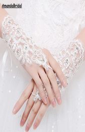 Amandabridal Short Cheap Lace Appliques Beads Crystals Fingerless Wrist Length With Ribbon Bridal Gloves Wedding Accessories For B5468841