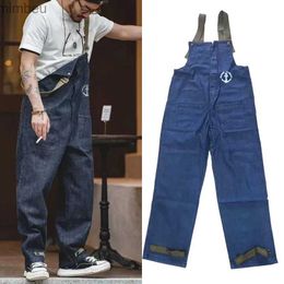 Men's Jeans Retro Military Style Naval Casual Deck Overalls Dungaree In Blue Spring Autumn Wash Denim Red Ear Straight Tube Denim Pants 2XLL240111