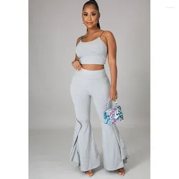 Women's Two Piece Pants Casual Streetwear Sets Womens Outfits Sporty Spaghetti Strap Crop Top And Ruffles Flare Matching Tracksuit