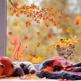 Maple Pumpkin Squirrel Window Stickers Thanksgiving Decoration For Home Autumn Wall Sticker Kids Room Decal Muraux 240112