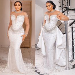 Luxury Mermaid Wedding Dress for Bride Plus Size Sheer Neck Long Sleeves Lace Beaded Bridal Gowns for African Marriage Black Women with Detachable Train CDW199