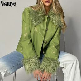 Nsauye Winter Women Turn Down Collar Leather Jackets Coat Outwear Vintage Faux Fur Long Sleeve Y2K Casual Short Jacket Tops 240112