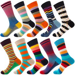 10 Pairs High Quality Street Personality Fashion Colorful Casual Men Socks Stripe Grid Geometric Cotton Funny 240112