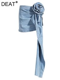 DEAT Fashion Womens Skirt High Waist Threedimensional Rose Flower Asymmetric Blue Denim Short Skirts Summer 17A8357 240112